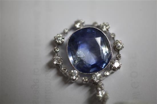 A white gold, sapphire and diamond drop pendant, 38mm inc. bale.